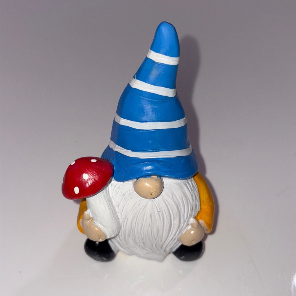 Garden Gnome Decor 5” Figurine Mushroom Beard Yellow Figurine Blue Striped Hat